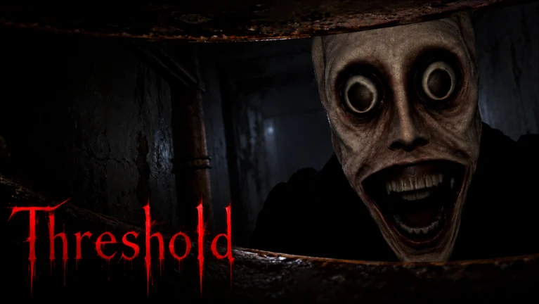 Official THRESHOLD cover artwork showing a face in a dark doorway